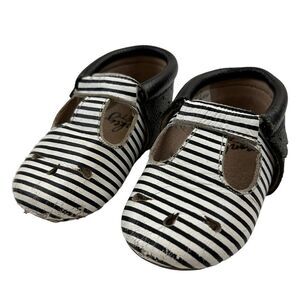 Monkey Feet Infant Toddler 12-18 Months Leather T Bar Shoes Black White Striped